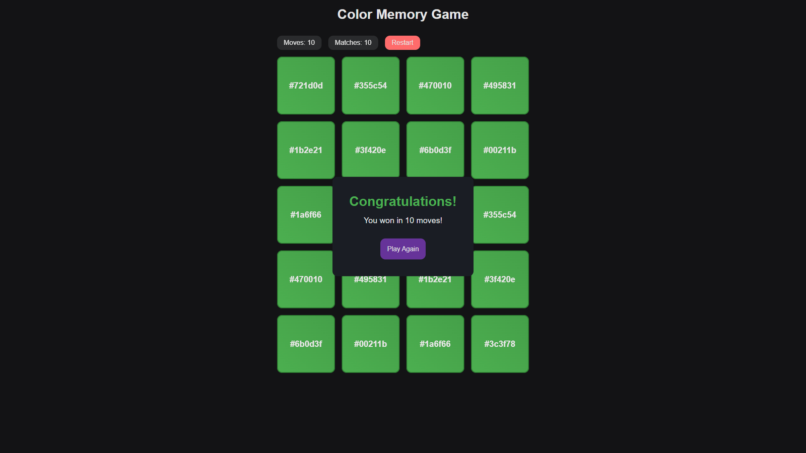 Screenshot of Color Memory Game